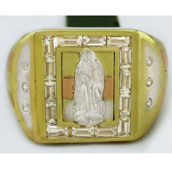 Virgin Of Guadalupe White Sapphire Men's Ring 14k Three Tone Gold